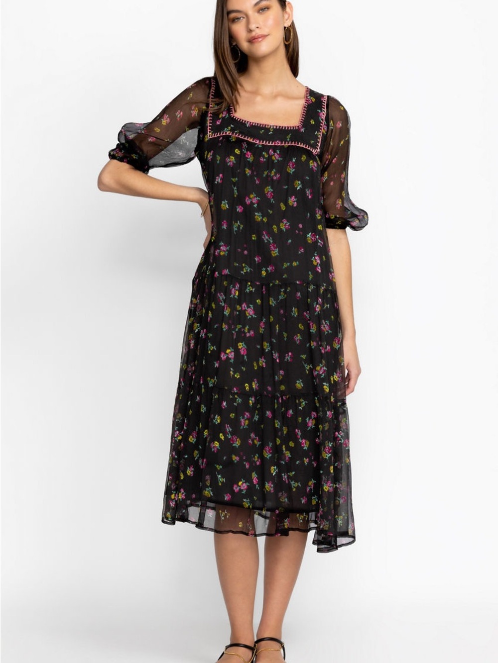 JOHNNY WAS Paige Silk‎ Dark Floral Sheer Midi Dress  S Romantic Femenine Cottage